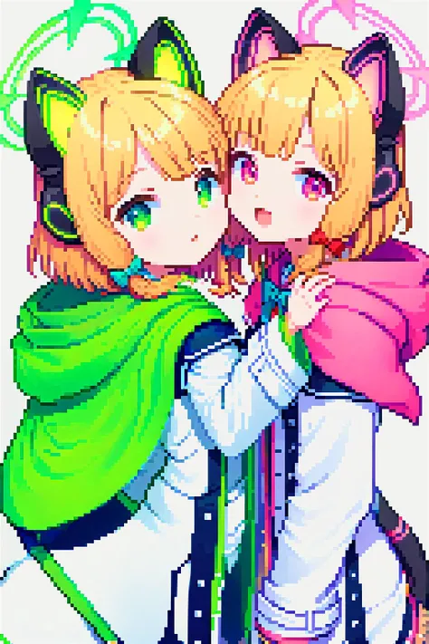 2girls,momoi (blue archive), midori (blue archive),pixel, cute girl,
looking at viewer, blush, open mouth, multiple girls, long sleeves, bow, jacket, tail, :d, hair bow, parted lips, hood, red bow, cat tail, headphones, halo, white jacket, on stomach, sist...