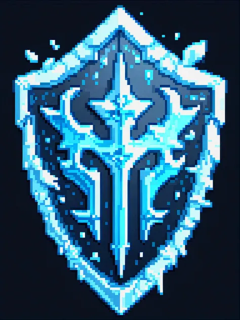 pixel art, cartoon illustration, icy shield, ice shards, simple black background, game icon