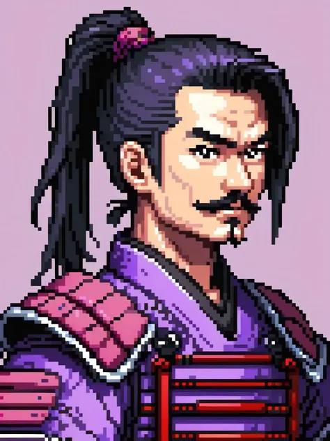 pixel art, ultra detailed, masterpiece,a samurai with a black ponytail and moustache, purple and black armor, asian, fantasy style