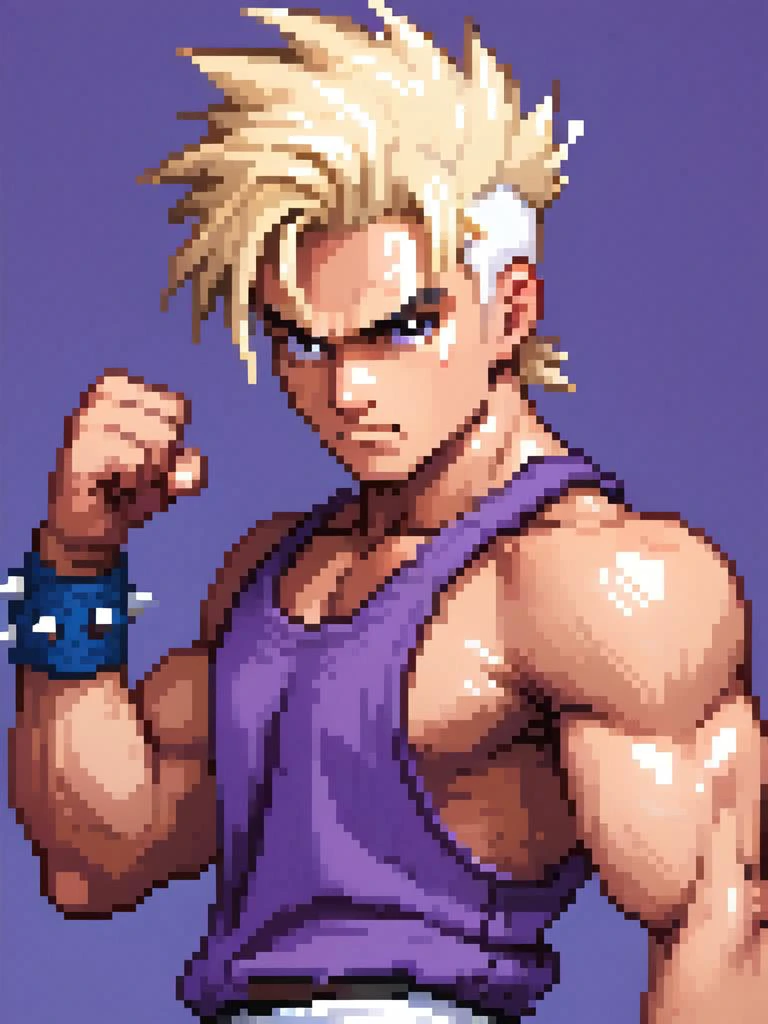 Ultra detailed, masterpiece,a martial artist with spiky blonde hair, muscular, purple tank top and baggy white pants, winding up a fist, fantasy style