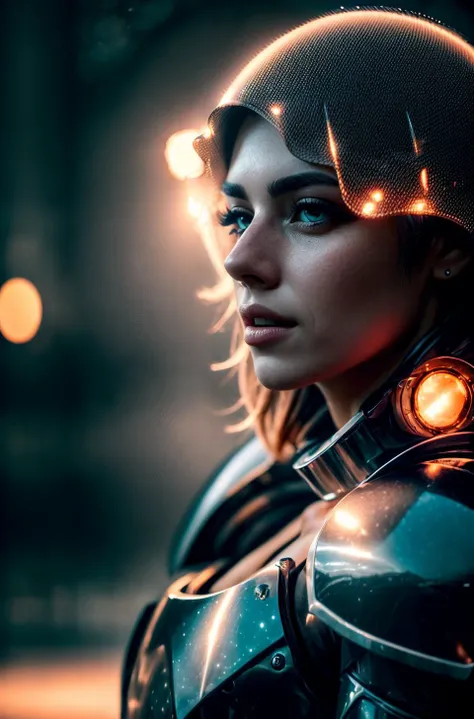 a woman, <lora:LadyBra:0.7>  armor, epic,  big bulky futuristic armor, art, foggy, cinematic still shot, (bokeh:1.1), dark theme, soothing tones, muted colors, high contrast, (natural skin texture, hyperrealism, soft light, sharp), (warm light:1.2) | (rim ...