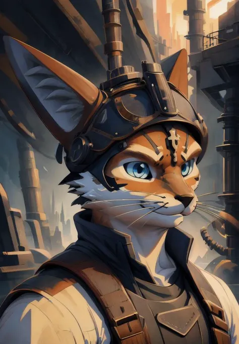 bicolor, rexouium, muscular, portrait, anime, 3/4 view, three-quarter view, blue eyes, steampunk, good colors, cartoon  <lora:vrcfurry_v2-000001:0.8>  <lora:gachaSplashLORA_gachaSplash31:1>