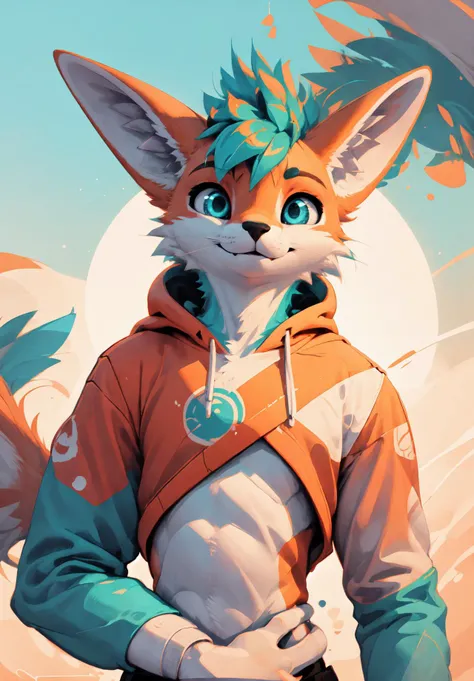 bicolor, (rexouium:1.1), cute expression, (hoodie), dynamic movements, render, anime, comic, soft fur, perfect composition, 2/3 up portrait, dynamic pattern, wearing shorts, teal light, good light, flowy hair, gorgeous defined eyes, sharp, in focus, sy3 st...