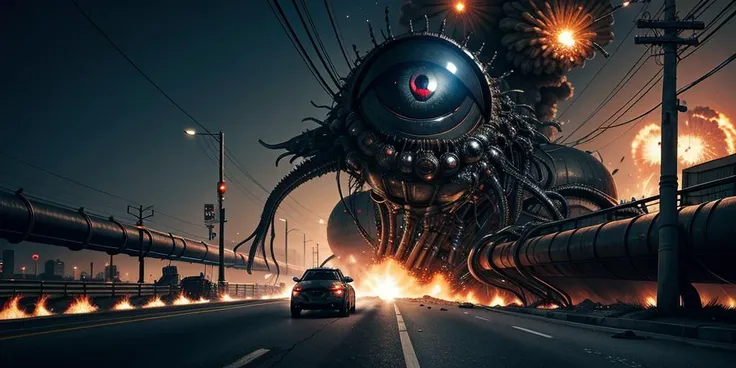 (close up metal eye, giger style parasitic aliens leaping from an exploding oil tanker, action, explosions, wires, pipes, on a busy cyberpunk highway<lora:gigersAlienFactory_11768:.9>:1.2),(action composite, monochromatic:.1)