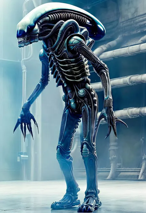 ASCII8k full body photo of bigbadejo alien_monster walking through an (industrial futuristic room, (aged sci-fi elements, retro sci-fi consoles), volumetric lighting, depth of field, ray tracing, subsurface scattering