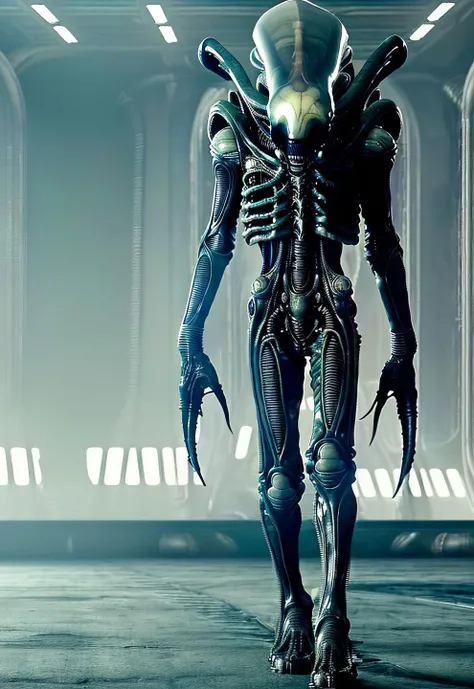 ASCII8k full body photo of bigbadejo alien_monster walking through an (industrial futuristic room, (aged sci-fi elements, retro sci-fi consoles), volumetric lighting, depth of field, ray tracing, subsurface scattering