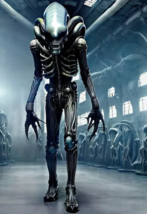 ASCII8k full body photo of bigbadejo alien_monster walking through a (industrial futuristic room, (aged sci-fi elements), retro 70sdisplay panels), volumetric lighting, depth of field, ray tracing, subsurface scattering