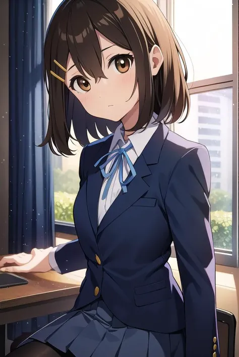 yuihirasawa, <lyco:yuihirasawa-LYCORIStest:1>,
yui hirasawa, (brown eyes:1.5), brown hair, hair ornament, hairclip, medium hair, (flat chest:1.2),
BREAK black pantyhose, blazer, blue jacket, blue ribbon, blue skirt, buttons, collared shirt, jacket, long sl...