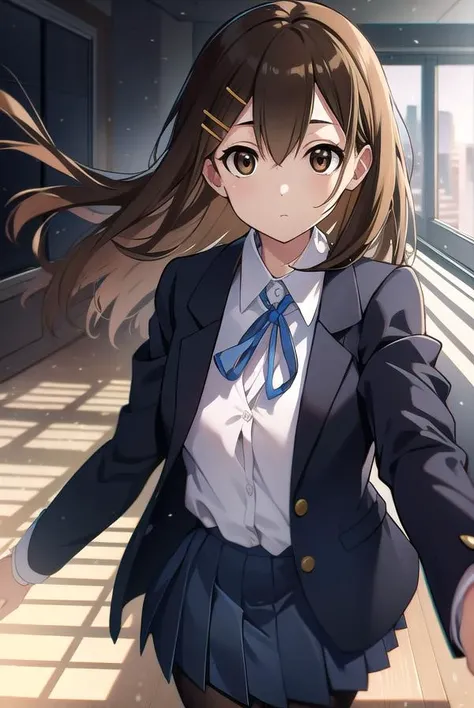 yuihirasawa, <lyco:yuihirasawa-LYCORIStest:1>,
yui hirasawa, (brown eyes:1.5), brown hair, hair ornament, hairclip, medium hair, (flat chest:1.2),
BREAK black pantyhose, blazer, blue jacket, blue ribbon, blue skirt, buttons, collared shirt, jacket, long sl...