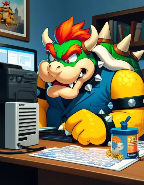 score_9, score_8_up, score_7_up, score_6_up, score_5_up, score_4_up
<lora:mario_universe-v6_pdxl:0.8>
Bowser, spiked shell, spiked collar, gold chains, bling, worried, fixing a printer, office, official Nintendo artwork