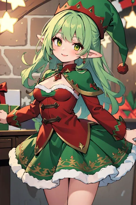 (Masterpiece:1.3), (best quality:1.2), (detailed background:1.1), (intricate details:1.1), 1girl, ChristmasElf, long green hair, medium breasts, (red pointy hat:1.2), pointy ears, green skirt, red winter coat, smile, workshop, presents, <lora:ChristmasElf-...