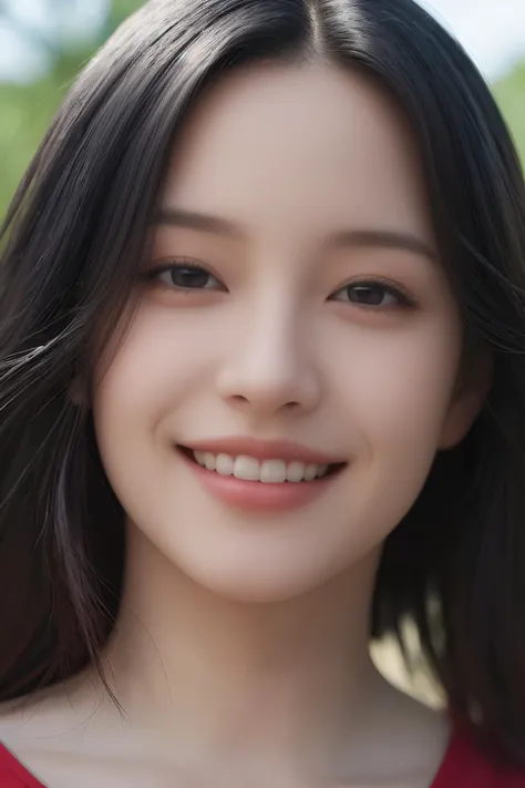 a woman with long black hair and a red top smiling