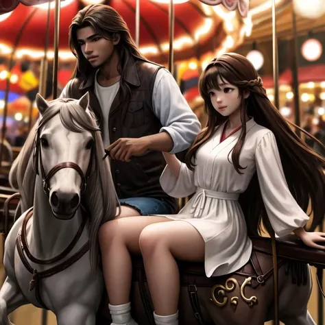 there is a man and woman riding on a carousel horse