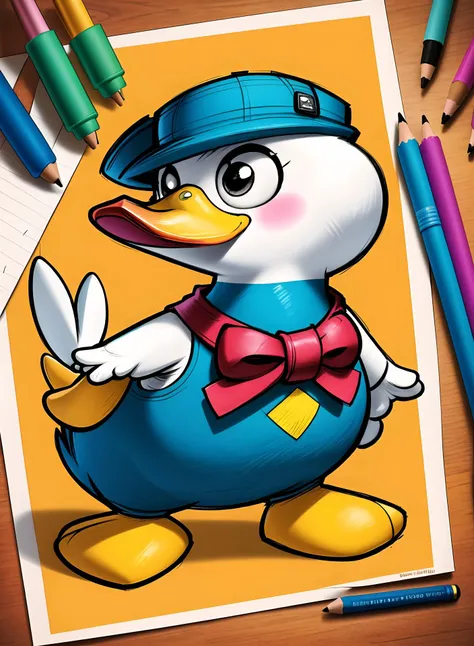 cartoon drawing of a duck with a hat and bow tie