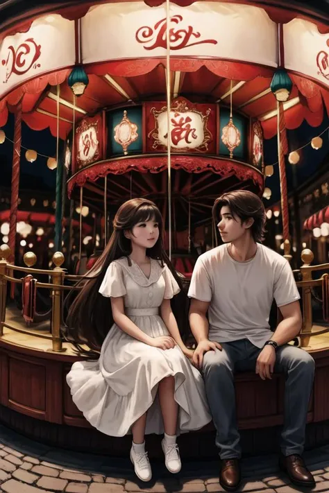 a couple sitting on a bench in front of a carousel