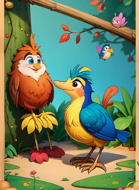 cartoon birds in a forest with a tree and a branch