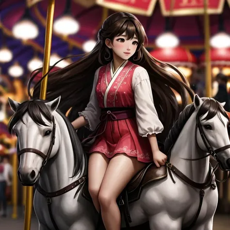 araffe girl riding a horse in a red dress on a carousel