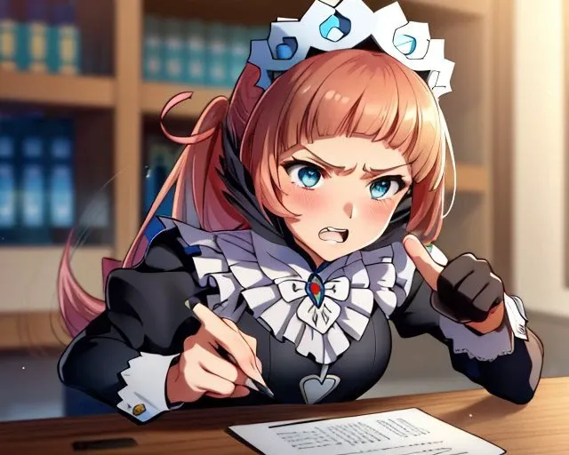 (masterpiece, best quality:1.2), upper body, solo, 1girl, fefelicia, angry, teeth, looking down, holding, pen, pointing down, maid headdress, formal, suit, blue necktie, indoors, table, computer <lora:feliciaflora-nvwls-v1:1.0>