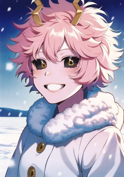 masterpiece, best quality, official art, portrait of mina ashido, 1girl, solo, snowy field, fluffy clothing, white coat, happy, smile,  <lora:minaashido:1>