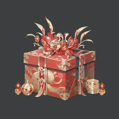 ((Red)),Chinese Dragon,(masterpiece, top quality, best quality, official art, beautiful and aesthetic:1.2),(8k, best quality, masterpiece:1.2),((((black background)))),solo,
gift box,Chinese style,golden ribbon,noble,metal decoration,heart shape,(((Black b...