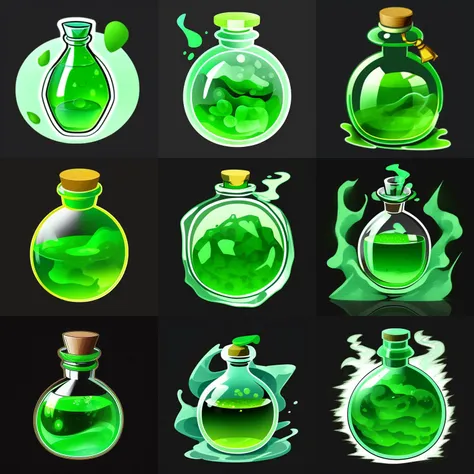 bottle with green water, green smoke,
flatting line art, black background