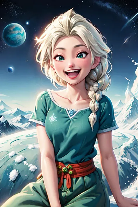 Elsa, high quality, <lora:princess_test1:0.5>, laughing, Planet Namek Background, style of Akira Toriyama, 8k UHD,