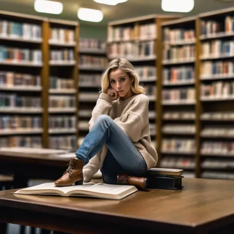 arafed woman sitting on a table in a library with books