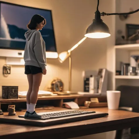 there is a woman standing on a keyboard in a room