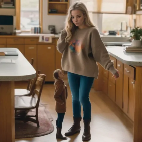 a woman and a child are walking in a kitchen together