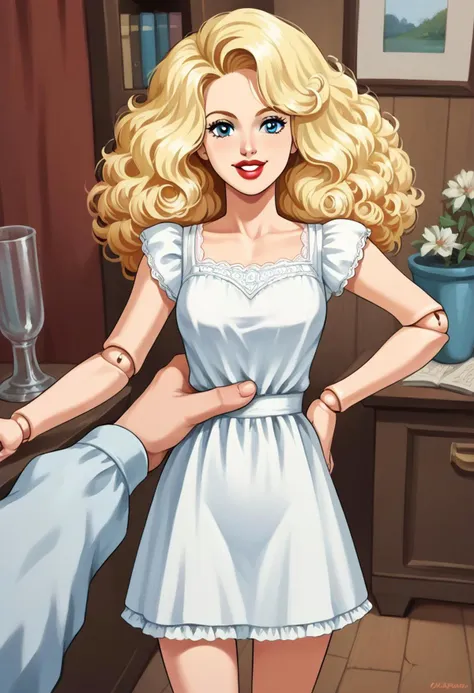 gigantic woman, hud_millirob, 1girl, blonde curly hair, blue eyes, solo, dress, jewelry, retro artstyle, smile, lipstick, dollho...