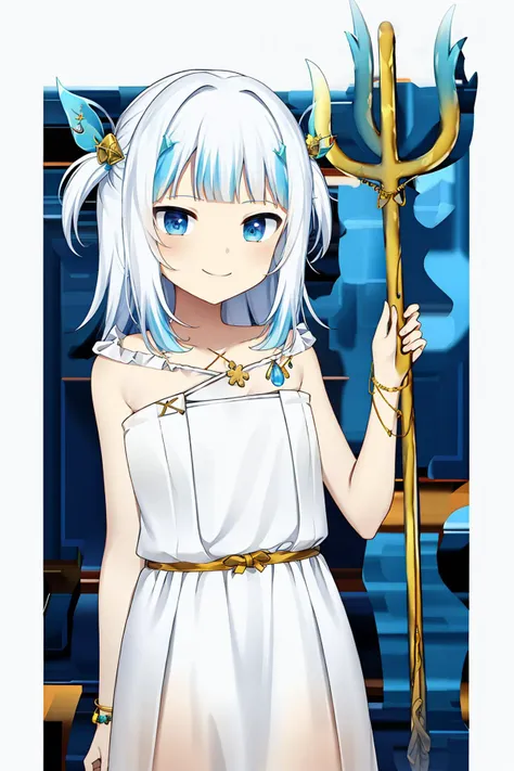 anime girl in white dress holding a spear and a blue and white background