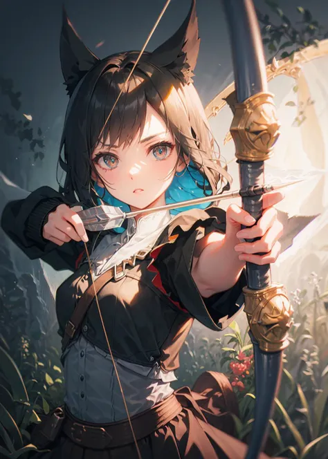 anime girl with bow and arrow in the woods