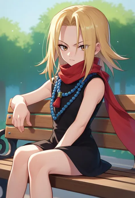 score_9, score_8_up, score_7_up, source_anime, kyouyama anna, blonde hair, short hair, brown eyes, black dress, red scarf, bead necklace, sitting, bench,    <lora:Anna kyouyama-000008:1>