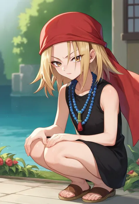 score_9, score_8_up, score_7_up, source_anime, kyouyama anna, blonde hair, short hair, brown eyes, black dress, red bandana, bead necklace, squatting, outdoors,geta,     <lora:Anna kyouyama-000008:1>