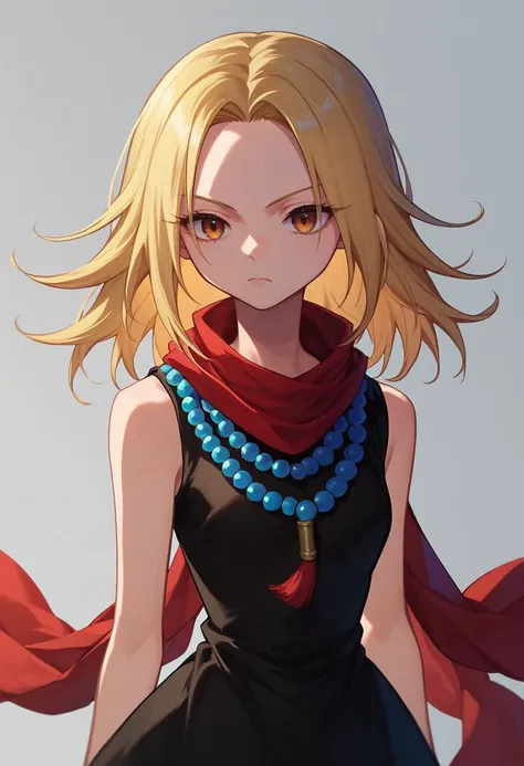 a woman in a black dress and red scarf standing in front of a blue sky