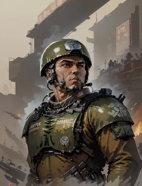 a painting of a soldier in a helmet and uniform