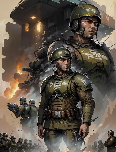 a painting of two soldiers in uniform standing in front of a building