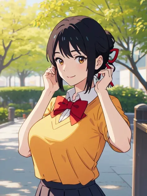 <lora:sanye_batch1:0.5>, miyamizu_mitsuha, 1 girl, solo, upper body, smile, holding hair:1.2, looking at viewer, red bowtie, yellow school uniform, white t-shirt, black school skirt, outdoors, park, flowers, trees, (huge breasts:1.4, upper body, (from abov...