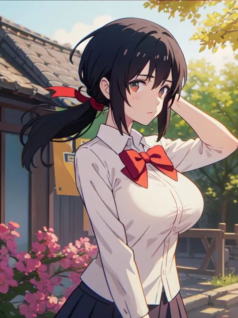 <lora:sanye_batch1:0.5>, miyamizu_mitsuha, 1 girl, solo, upper body, sad face, (holding hair:0.4), arms out, looking at viewer, red bowtie, (yellow school uniform:0.5), white t-shirt, black school skirt, outdoors, park, flowers, trees, (huge breasts:1.3, u...