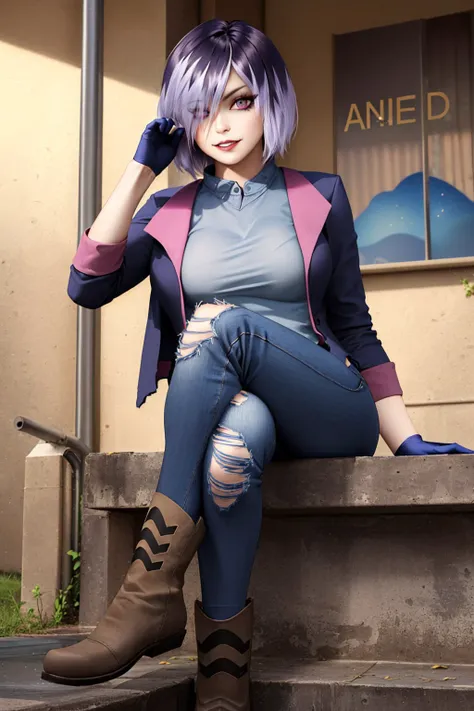 (masterpiece, best quality:1.2), <lyco:brawlhalla_nix-10:1.0>, cowboy shot, solo, 1girl, bhnix, evil grin, looking at viewer, sitting, crossed legs, short hair, hair over one eye, torn clothes, jacket, pants, boots, gloves, breasts