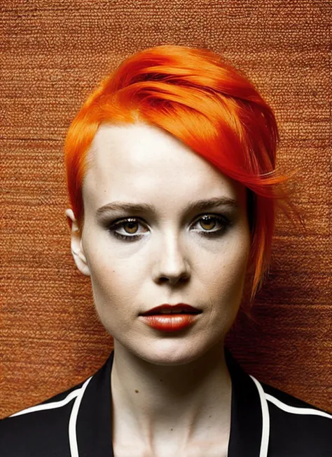 analog style, modelshoot style, portrait of sks woman by Flora Borsi, style by Flora Borsi, bold, bright colours, orange Mohawk haircut, ((Flora Borsi)), <lora:locon_ellen_v1_from_v2_64_32:1.3>