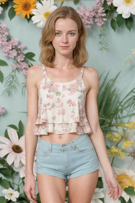 1970s  (style)  photo  of beautiful fit, thin,  25 y/o woman,  jp-Lydia-325, Layered bob, pastel eyeshadow , Floral-print top paired with high-rise shorts , Floral vintage backdrop , Nikon EL2, 50mm f/1.8, 1/125s, ISO 400, Ektachrome