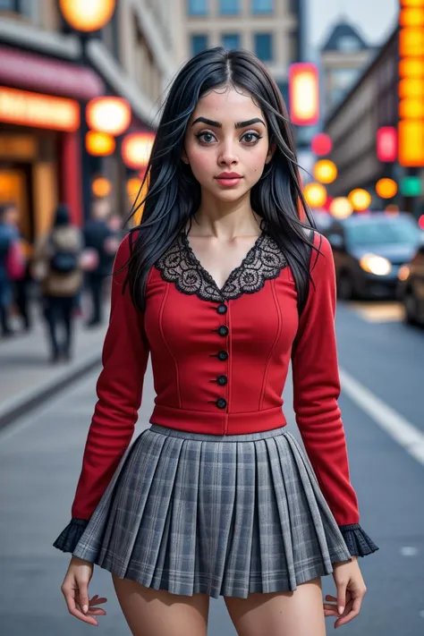 a woman in a red top and plaid skirt is posing for a picture