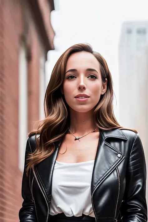 a woman in a black leather jacket and white shirt