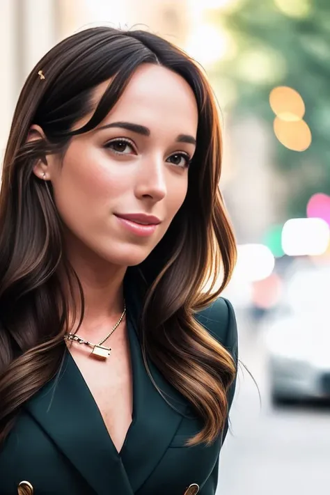 a close up of a woman in a green suit and necklace