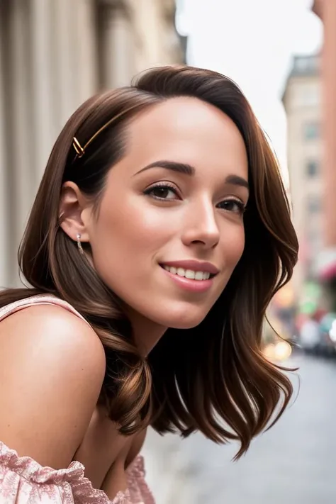 a close up of a woman with a pink dress and a gold hair band