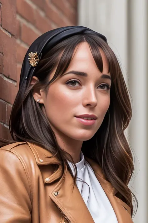 a close up of a woman wearing a leather jacket and a headband