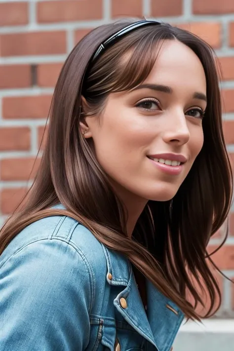 arafed woman with a blue jean jacket and a headband