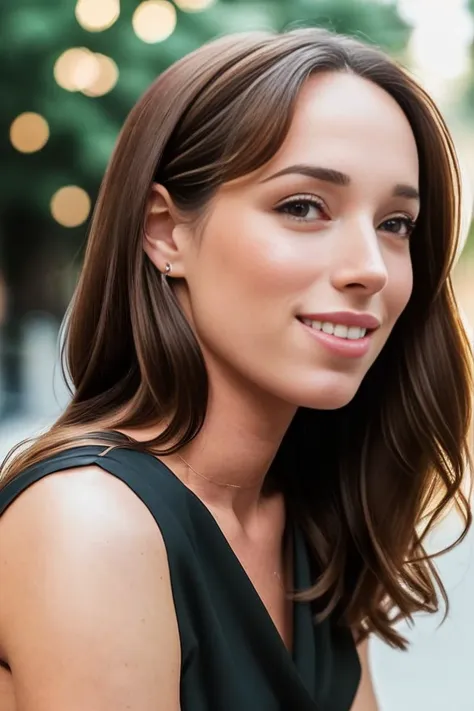 a close up of a woman with long hair and a black dress