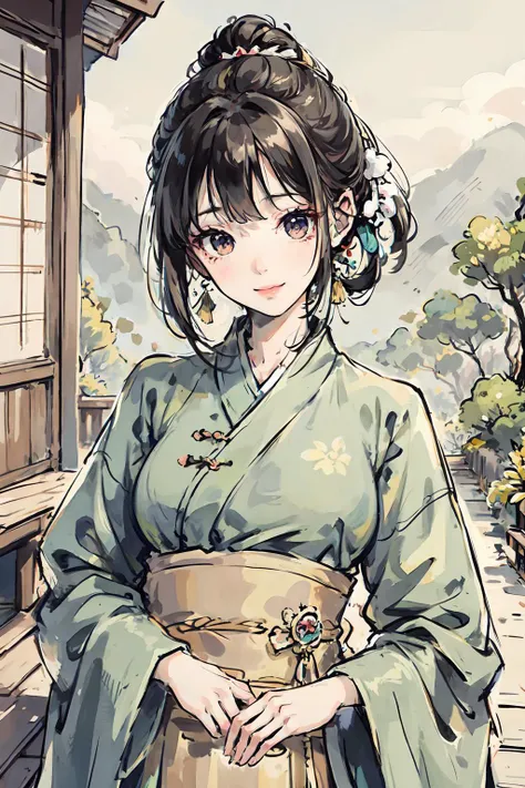 anime girl in traditional dress standing in front of a building